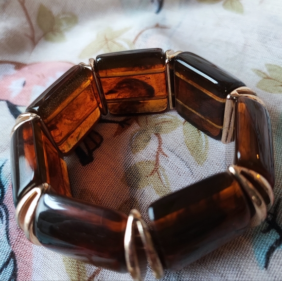 Thick Chunky Tortoise Segment Gold Tone Accents Stretch Vintage Bracelet EUC - Picture 4 of 8